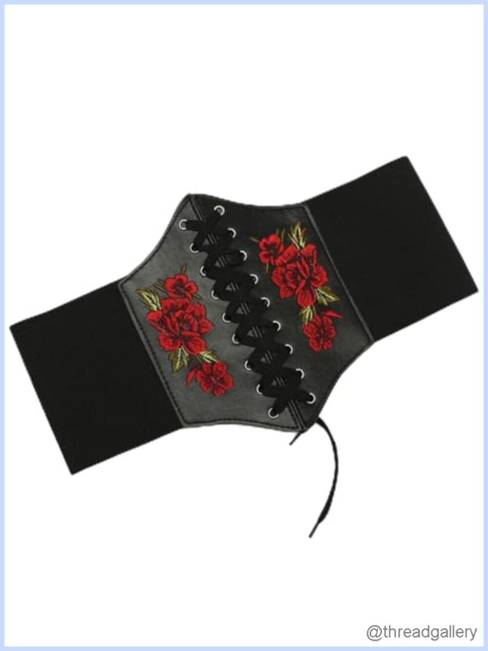Faux Leather Lace Up Corset Belt Floral Embroidered Waist Belt Women